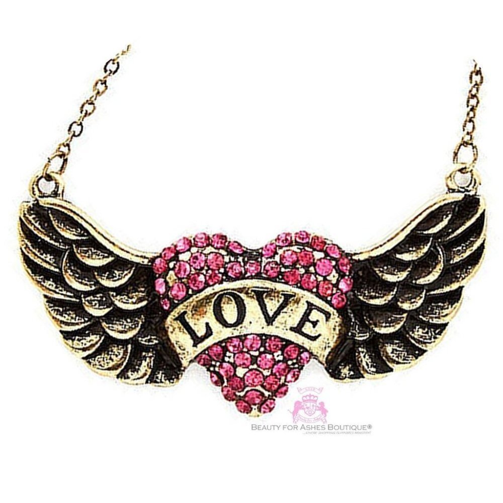 His Banner Over Me Is Love Heart Angel Wing Crystal Necklace 16$